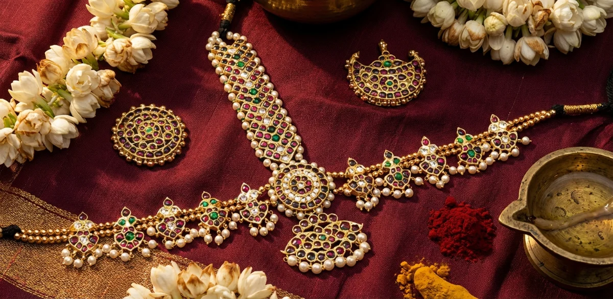 Authentic Arangetram necklace — Kemp stone Attigai handcrafted in Nagercoil